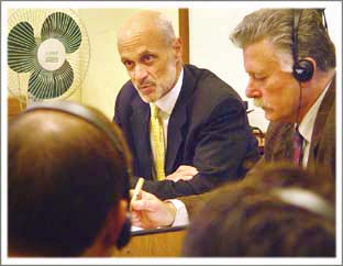 Judge Chertoff speaks to a group of young lawyers at the School of Law of the University of the Republic in Montevideo, October 25, 2004. [U.S. Embassy photo by Vince Alongi] 